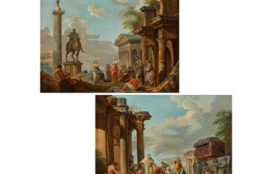 Giovanni Paolo Panini, 1691 Piacenza – 1765 Rom, PAAR RUINENCAPRICCI MIT REICHER FIGURENSTAFFAGE