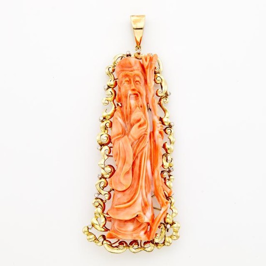 Gold, Carved Coral and Diamond Pendant