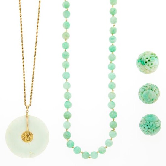 Gold and Jade Disc Pendant-Necklace and Gold and Jade Bead Necklace