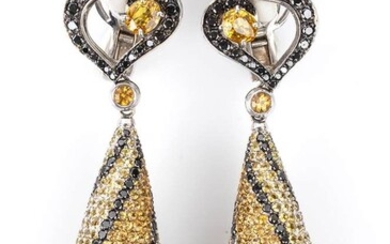 Gold, citrine quartz and black diamonds drop earrings18k white gold, black diamonds ribbons, pear drop...