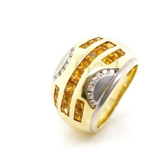 Golden sapphire, diamond and 14ct yellow gold ring marked 14...