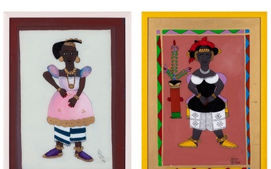 Gora Mbengue (1931-1988, Sénégal) Lot de deux peintures fixées sous verre