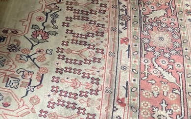 Grand tapis en laine à fond beige à décor d'un médaillon central et de bordures...