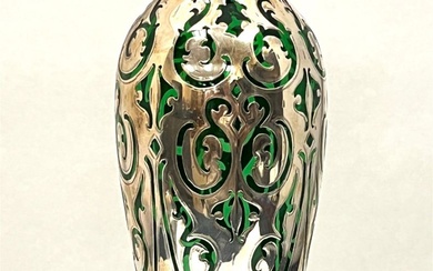 Green silver overlay glass vase