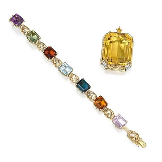 Group of Colorful Multi-Gemstone Bracelet and Pendant