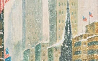 Guy Carleton Wiggins (American, 1883-1962) Oil on Artist Board, "Manhattan Snowstorm", H 18" W 14"