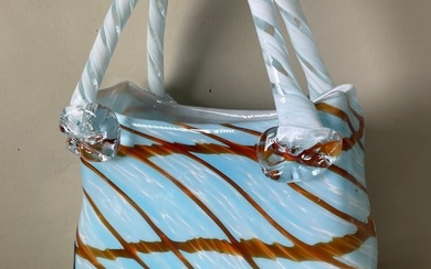 HAND BLOWN CARAMEL STRIPED OVER SKY BLUE MURANO Style ART GLASS PURSE SCULPTURE w POLISHED PONTIL