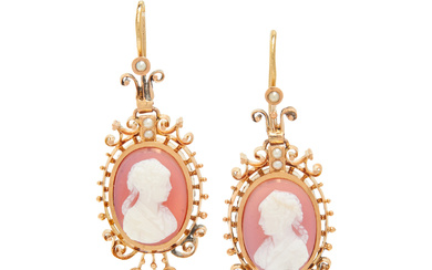 HARDSTONE CAMEO AND SEED PEARL EARRINGS