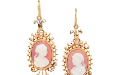 HARDSTONE CAMEO AND SEED PEARL EARRINGS