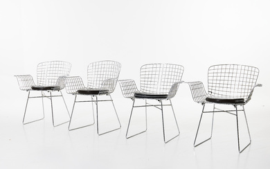 HARRY BERTOIA. chairs, 4 pcs, “Wire chair”, with armrest, for Knoll, chromed steel frame, with brown seat cushions.
