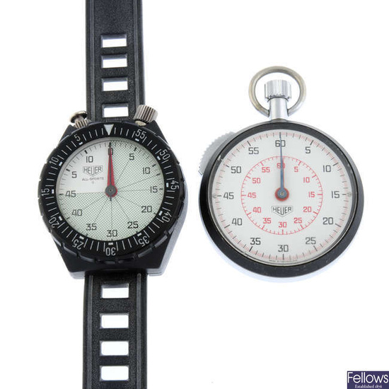 HEUER - a plastic All Sports II wrist stopwatch (47mm) together with a Heuer stopwatch.