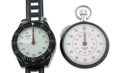 HEUER - a plastic All Sports II wrist stopwatch (47mm) together with a Heuer stopwatch.