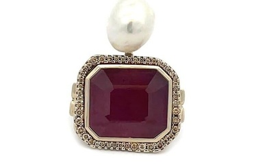 H.Stern Ruby Ring Diamond Pearl 18k Gold Scroll Design Octagon Halo Top