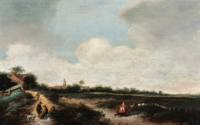 Haarlem School, Mid-17th Century Landscape with Figures and Livestock Along a Path