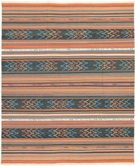 Hand woven Bohemian Copper, Navy Blue Wool Kilim 8'4" x