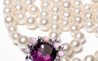 Handarbeit - 18 kt. Akoya pearls, White gold, Ø 7.0 - 7.5 mm - Set - 4.90 ct Amethyst - Diamonds, Opals