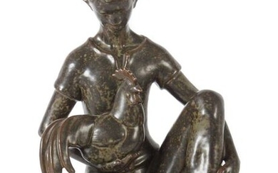 Hedegaard, Johannes 1915 - 1999, worked as a sculptor at Royal Copenhagen from 1948 to 1967. Boy with a rooster, E: before 1959, A: Royal Copenhagen, 1959, grey body, with brown spotted glaze, the boy sitting on a triangular base, holding a rooster in...
