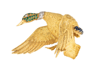 Hermes 18kt Gold Gem-set Mallard Duck Brooch