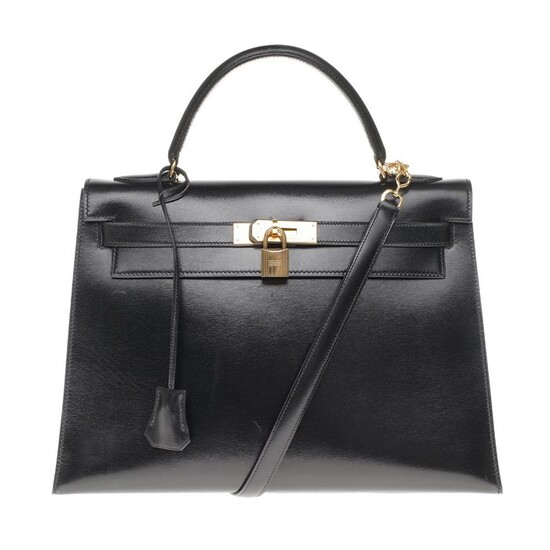 Hermès - Kelly sellier 32cm bandoulière en box noir, garniture en métal plaqué or Handbag