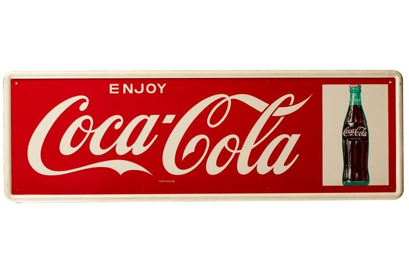 High condition vintage Coca-Cola Sign, dated 1964, with rolled edge, measures 53 1/2" L x 17 1/2" T.