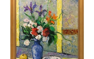 Hugues Claude Pissarro Oil on Canvas Painting Le Bouquet Au Vase Bleu