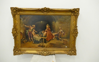 Huile sur toile signée John Smith " Mousquetaire dans un cabaret " (60 x 90cm)...