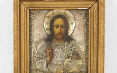 ICON, Christ Pantokrator, Russia, 19th century, metal risa, tempera on panel.