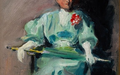 IN THE MANNER OF GEORGE WESLEY BELLOWS (1882-1925) "SEATED WOMAN IN A BLUE DRESS".