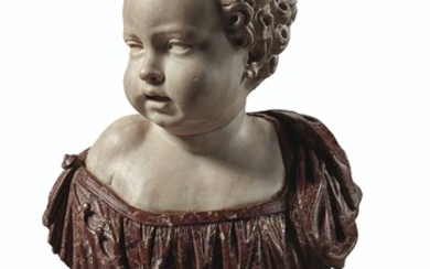 ITALIAN OR FRENCH, SECOND HALF 16TH CENTURY, A WHITE MARBLE AND WHITE-AND-GREY STRIATED RED MARBLE BUST OF A BOY