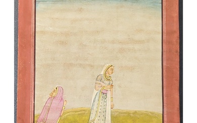 Indian Pahari School Miniature Painting Of A Princess And A...