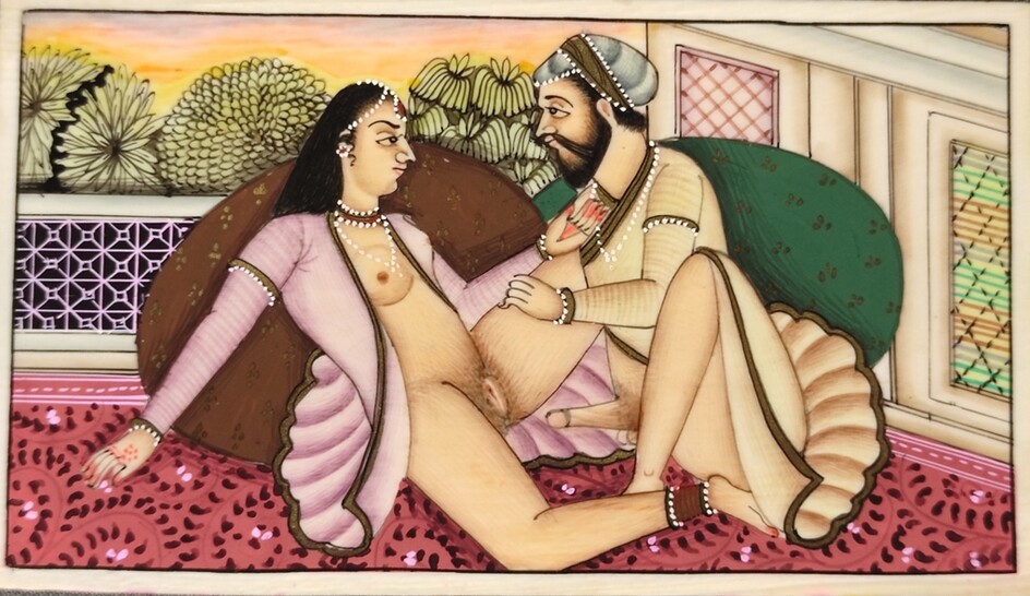 Indian erotic miniature, polychrome painting on bone, partly gilt, 20th century, 5,3x9,5cm
