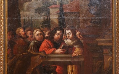 Italian School, "Prayer Before a Court of Fools," late 18th c., H.- 48 in., W.- 40 1/2 in., Framed