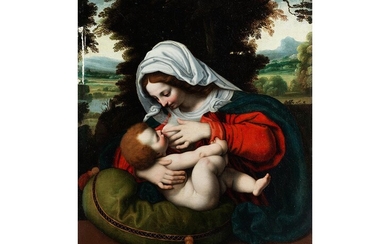 Italienischer Maler in der Nachfolge des Andrea Solario, um 1470 Mailand – 1525, MADONNA MIT DEM GRÜNEN KISSEN