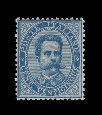 Italy Kingdom 1879 - Umberto I - 25 cents light blue, “crown” watermark, perf. 14 - Sassone N. 40