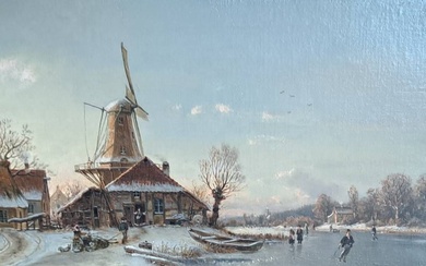 J. Düstré Peinture à l'huile, huile sur toile, motif paysager, moulin au bord d'une rivière,...