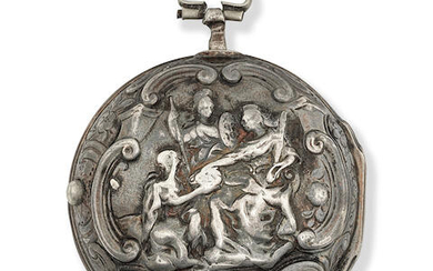 J Miller. A silver key wind pair case pocket watch with repoussé decoration