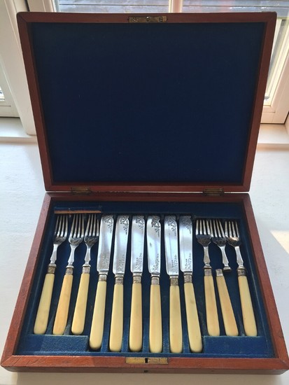J. Nowill & Sons a.o.: English silver fish serving set. Sheffield 1885 and English silverplate fish cutlery. (2)