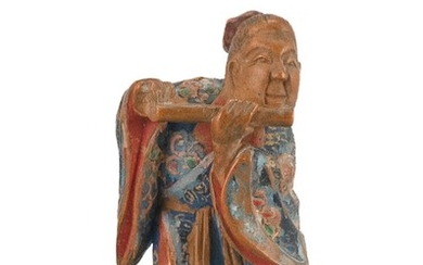 JAPANESE POLYCHROME WOOD NETSUKE By Nagamachi Shuzan. In the form of a scholar playing a flute. Height 1.75".