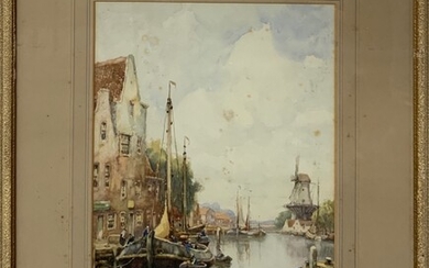 J.R. Miller (British). A framed watercolour of Dutch canal scene, frame size 47 x 61cm.