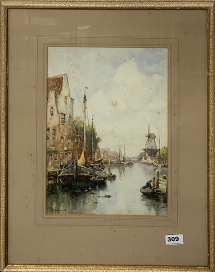 J.R. Miller (British). A framed watercolour of Dutch canal scene, frame size 47 x 61cm.