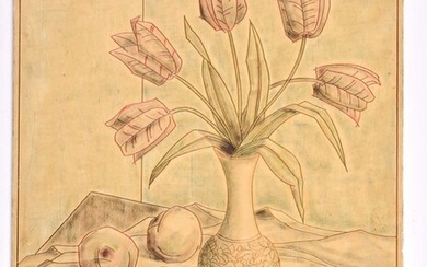 Jacques CHALLOU Bouquet de tulipes et peches....