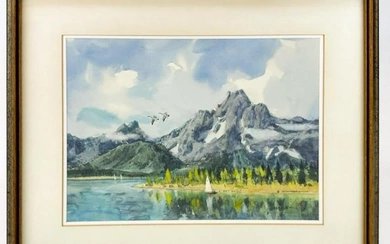 Jade (Woo) Fon (1911-1983) Watercolor of Jackson Lake Grand Teton National Park