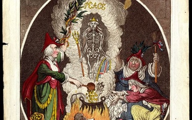James Gillray (1756 - 1815), To Phantasmagoria; -scene- Conjuring-up an Armed Skeleton