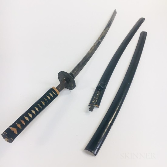 Japanese Katana, with shagreen handle, iron tsuba, and lacquered sheath, blade lg. 27 in.