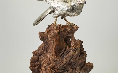 Japanese Silvered Bronze Okimono of a Falcon and Base Studio of Akasofu Gyoko, Meiji Period