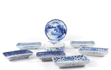 Japanese Tako Karakusa and Other Blue and White Porcelain Plates and Lidded Bowl