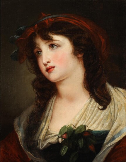 NOT SOLD. Jean Baptiste Greuze, in the style of, 19th century: A young girl with dark hair wearing a dress embellished with roses. Inscribed. Oil on canvas. 42 x 34 cm. – Bruun Rasmussen Auctioneers of Fine Art