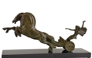 Jean Charles Ruchot - Art Deco bronze sculpture horse and carriage with lady