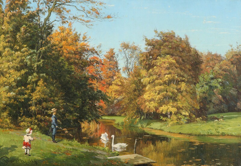 Johannes Boesen: Sunny day at the park with children playing. Signed and dated J. Boesen 188? Oil on canvas. 20.5×42.5 cm.