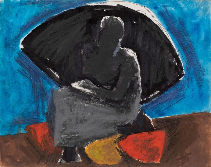Josef Herman OBE RA, Polish/British 1911-2000 - Woman with Umbrella, 1974; gouache, chalk and pencil on paper, 20 x 25 cm (ARR) Provenance: Boundary Gallery, London; private collection and thence by descent